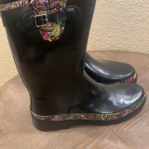 Sakroots Black Rain Boots with Vibrant Pattern